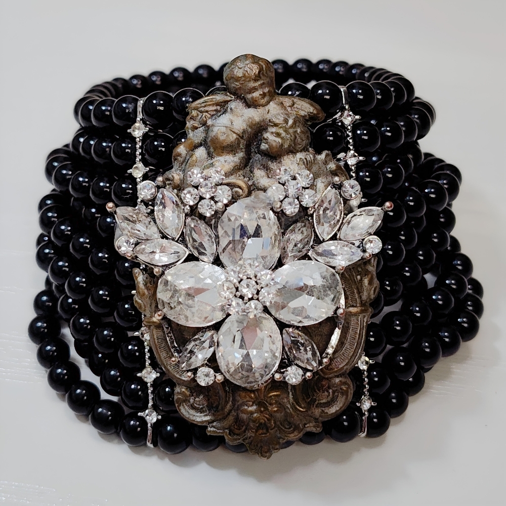 Upcycled Hand Crafted Extra Wide Black Bead Rhinestone Brass Cherub Bracelet - Picture 13 of 13
